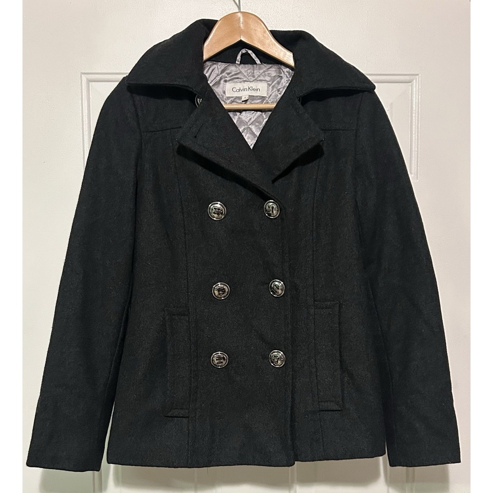 Calvin Klein‎ Women Size 4 Black Wool Blend Pea Coat Button Double Breasted D3